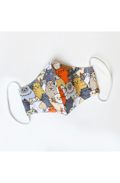 Színes Cica mintás textil maszk - Állítható gumipánttal - Kétrétegű - Szürke/Narancs